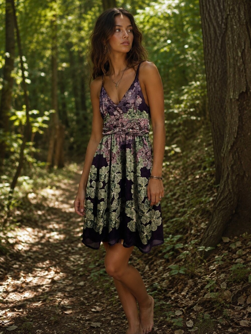 Vintage Floral V-Neck Sleeveless Dress in Purple and Green